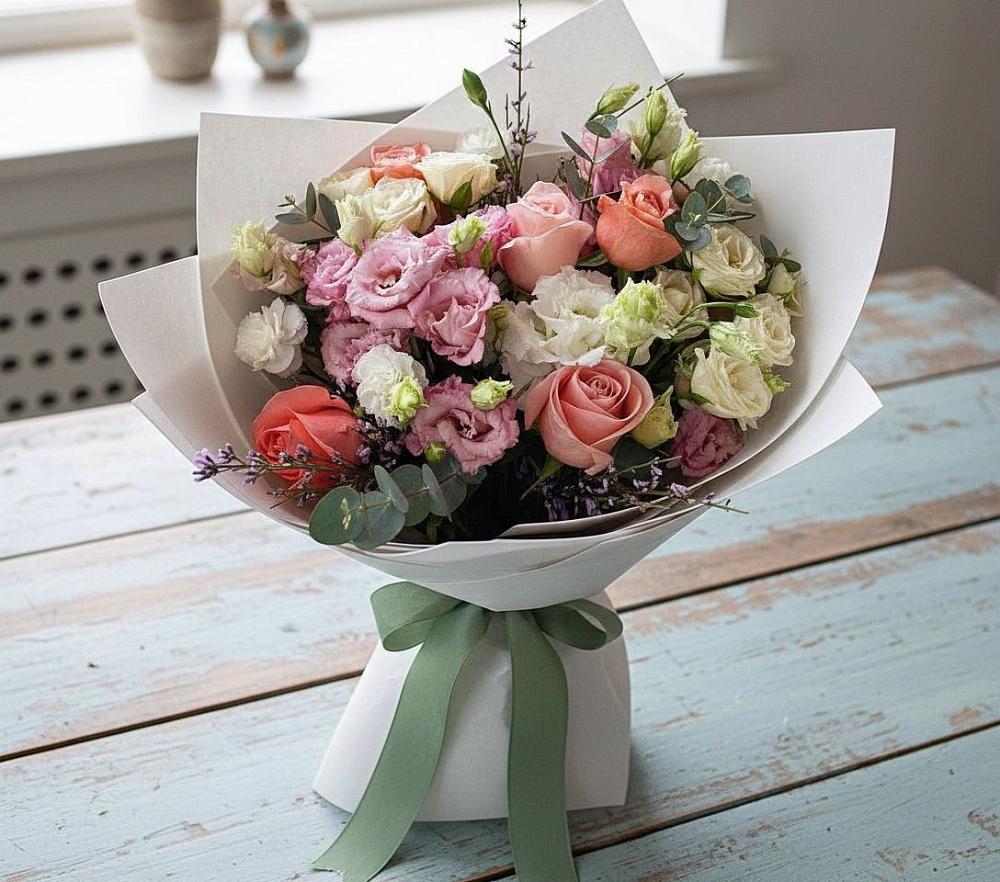 Букет цветов из: Розы, Лизиантусы и Гвоздики в Усть-Ишиме