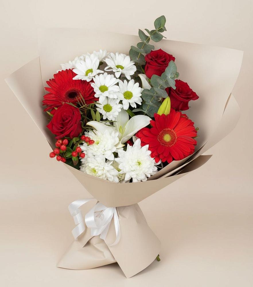 Букет цветов из: Розы, Хризантемы, Герберы и Лилии в Усть-Ишиме