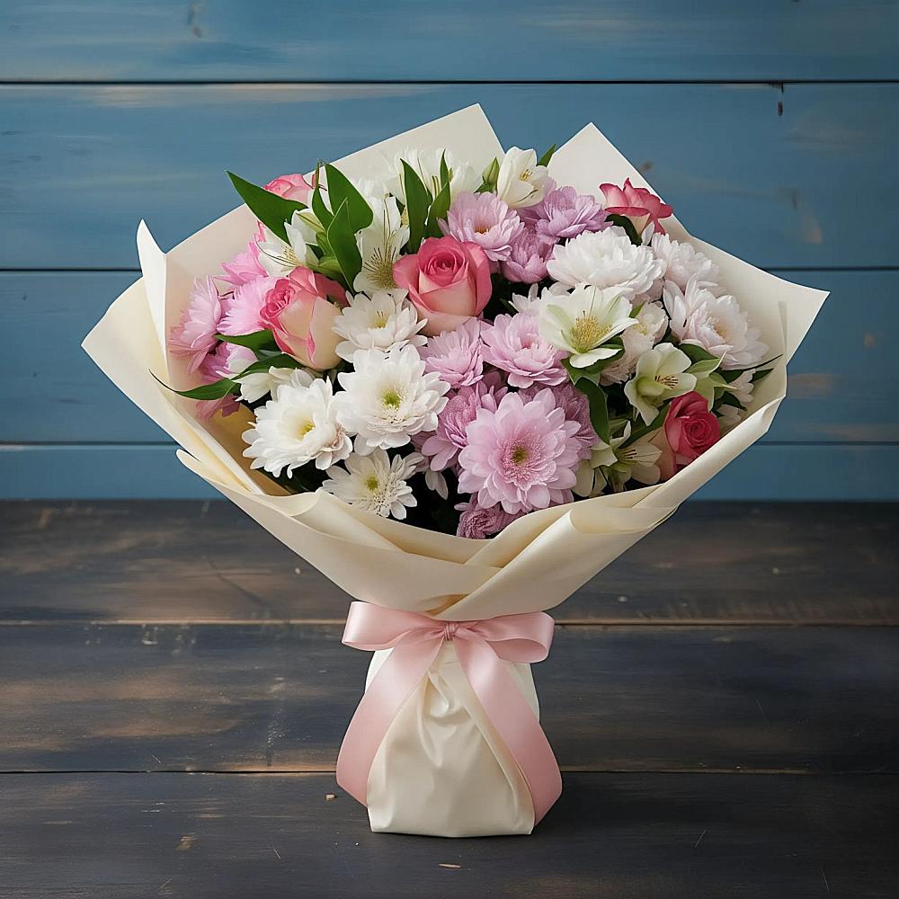 Букет цветов из: Хризантемы, Альстромерии и Розы в Усть-Ишиме